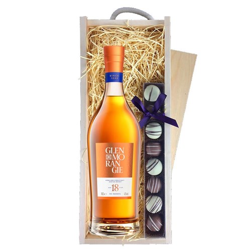 Glenmorangie 18 Year Old Single Malt Whisky & Heart Truffles, Wooden Box